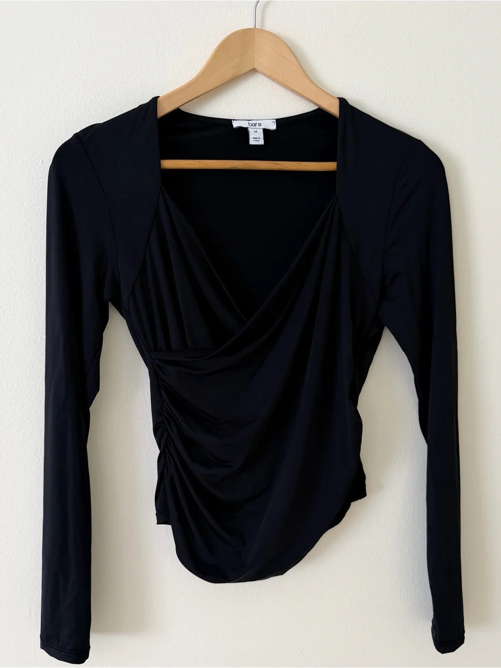 Bar III Black Draped Long Sleeve Top with Side Ruching